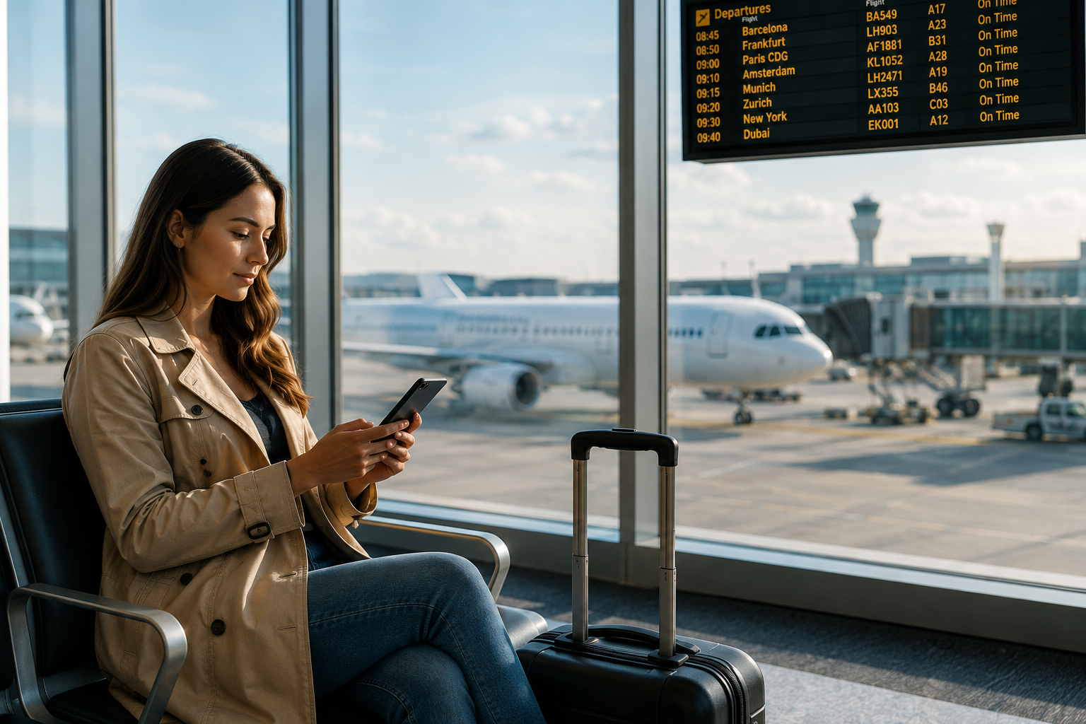 Traveller using a phone while waiting at an airport