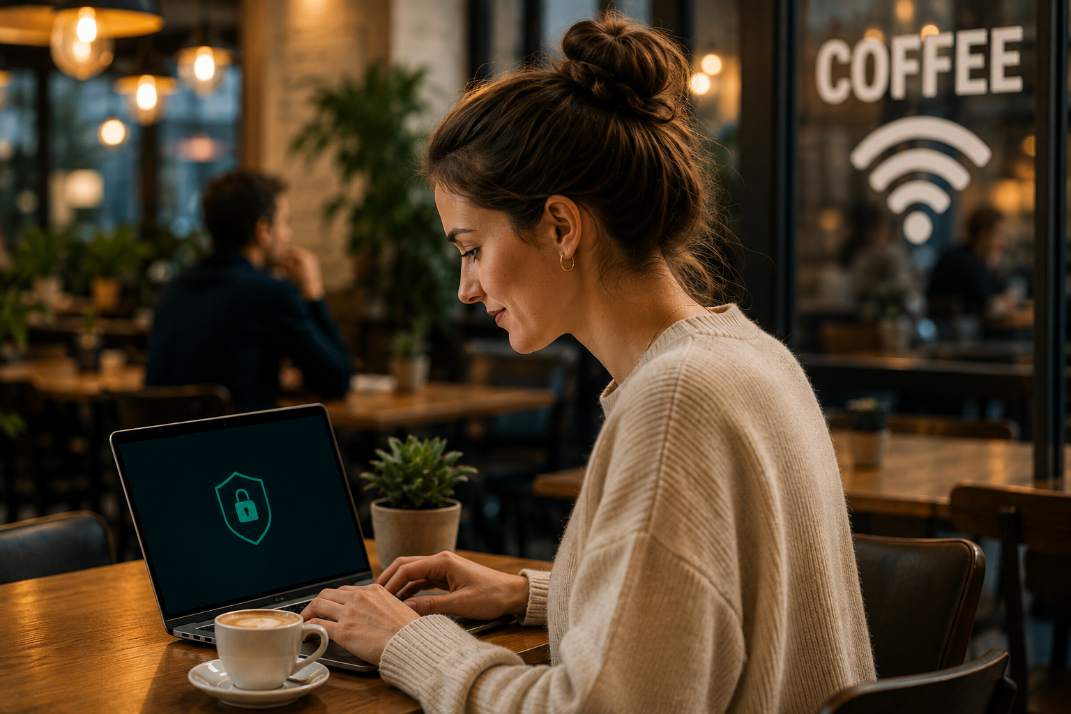 Person using a laptop while connected to public Wi-Fi in a café