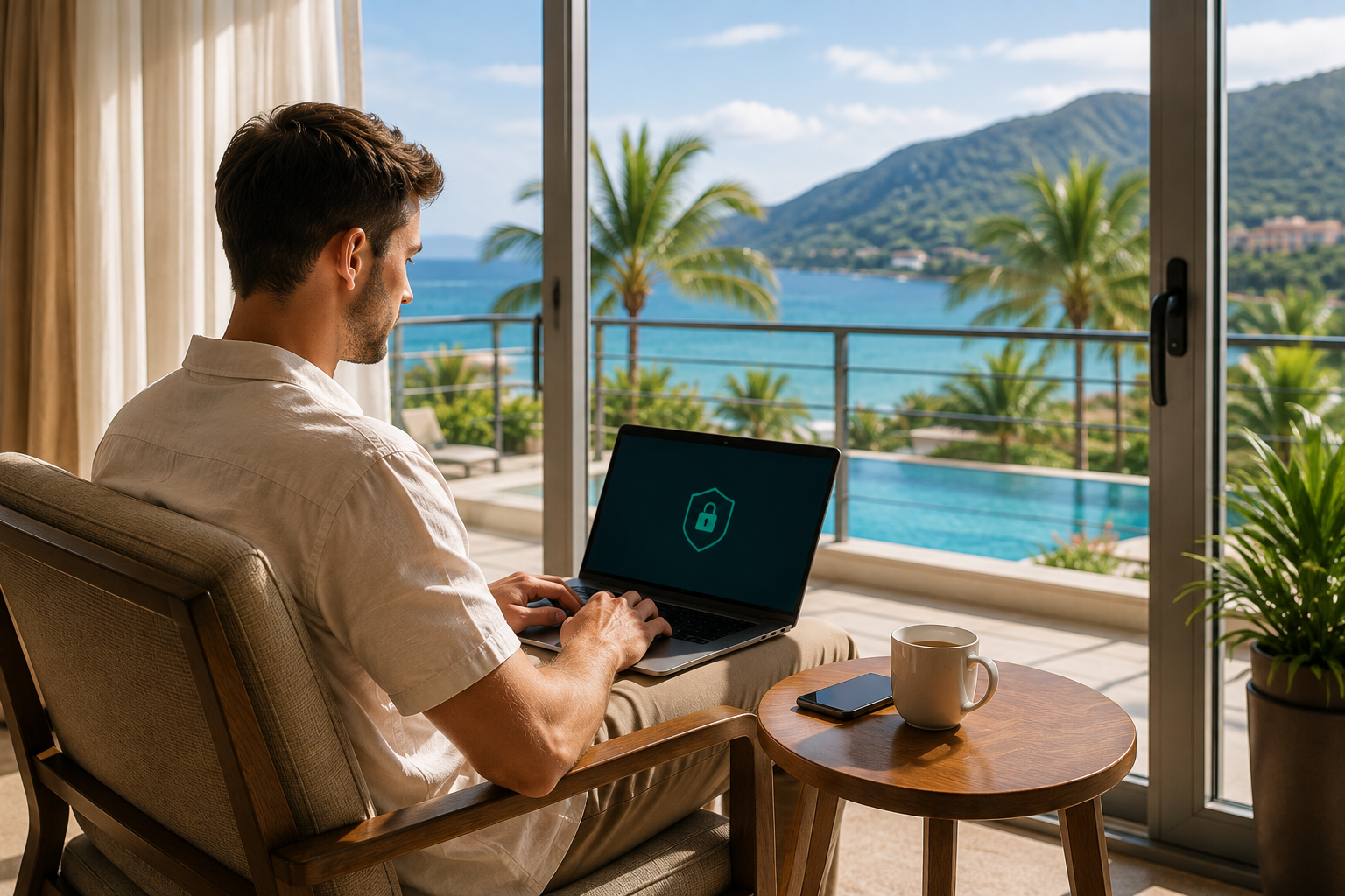 Traveller using a laptop at a hotel