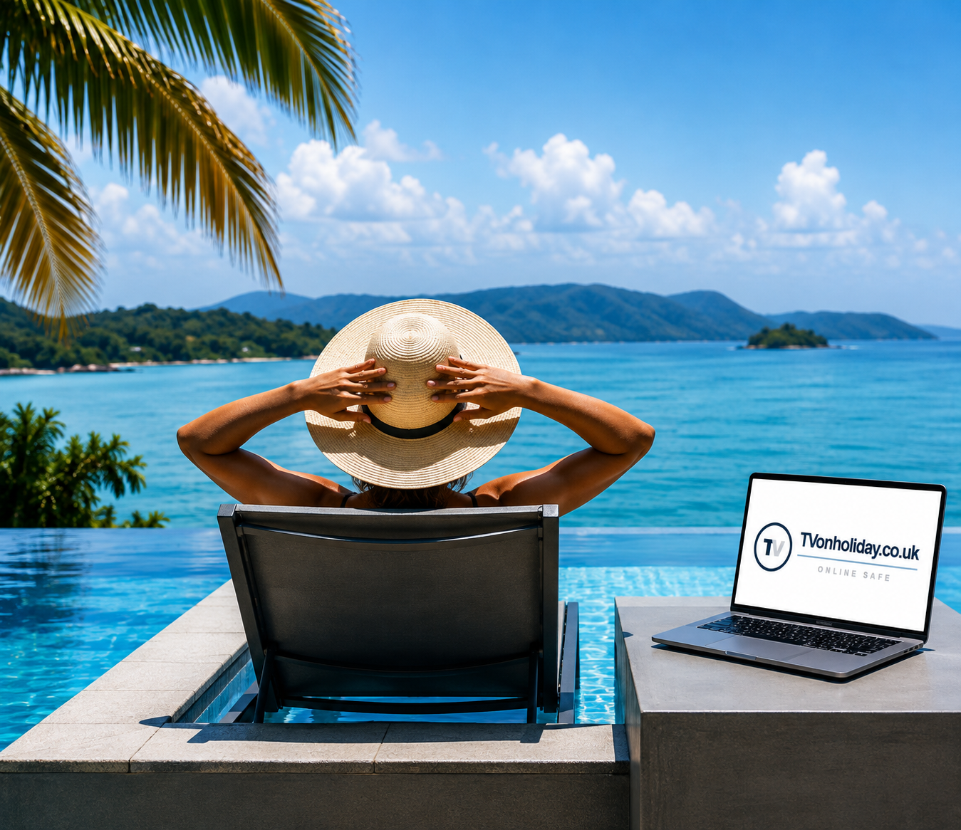 Traveller relaxing beside a pool with a laptop nearby