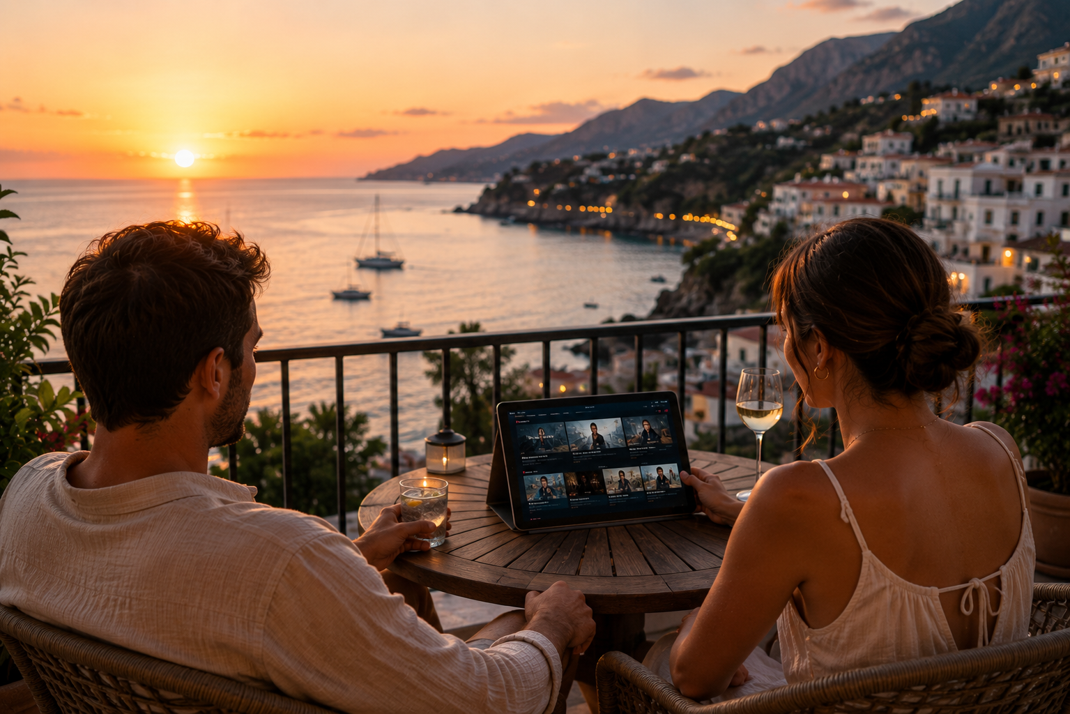 Traveller relaxing on holiday with a tablet overlooking the Mediterranean coast