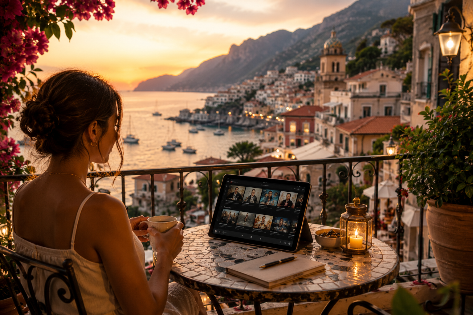 Traveller relaxing on holiday with a tablet overlooking the Mediterranean coast