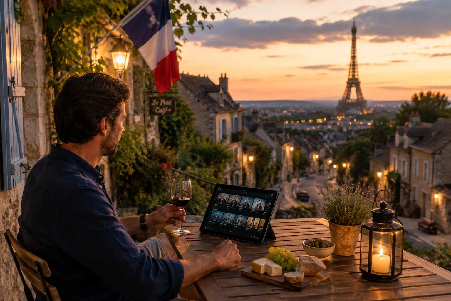 Man relaxing on a French terrace with a tablet at sunset